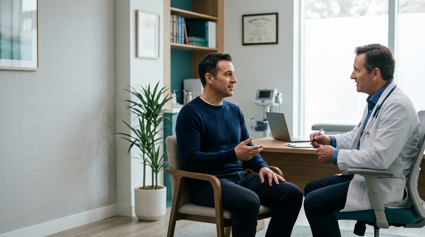 Paciente conversando com o médico em um consultório