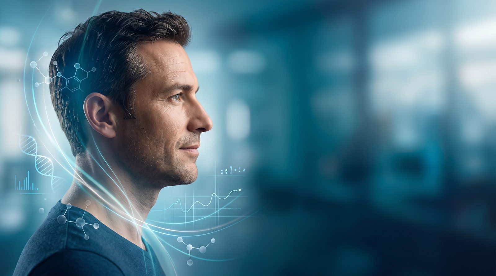 Homem de perfil sobre fundo azul com gráficos e moléculas, ilustrando a saúde hormonal masculina